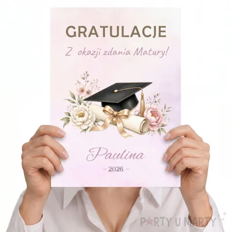duza personalizowana kartka gratulacje z okazji zadnia matury kwiaty biret konfetti