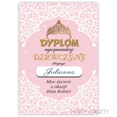 dyplom dla najwspanialszej dziewczyny a5