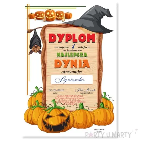 dyplom za zajecie miejsca w konkursie najlepsza dynia kapelusz a5 5 szt