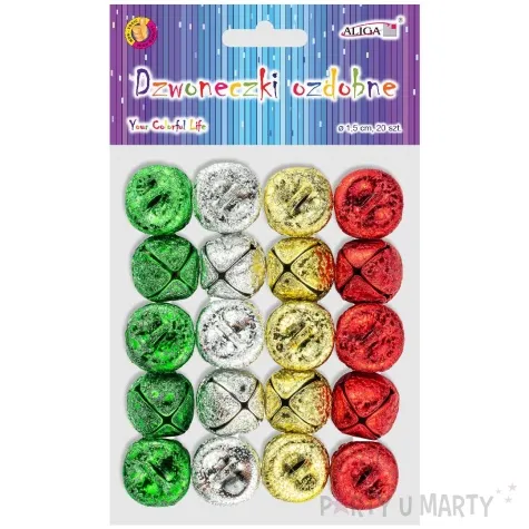 dzwoneczki dekoracyjne classic czerwony zloty srebrny zielony aliga 15 mm 20 szt