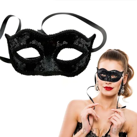 elegancka czarna maska wenecka z cekinami dodatek do stroju na karnawal
