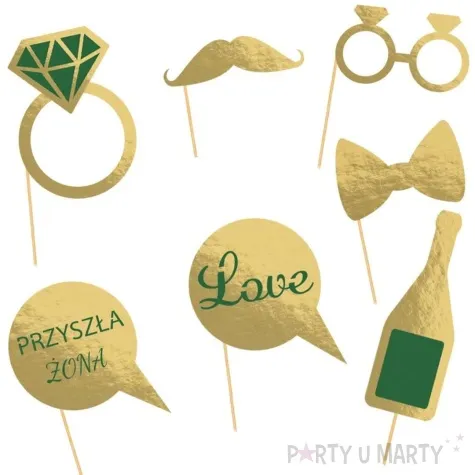 fotogadzet patyczki wesele zloto zielony dekolo 7 szt