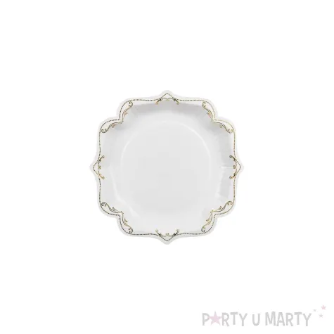 jednorazowe naczynia talerzyki papierowe ornament bialo zlote komunia chrzest wesele 26 cm x6
