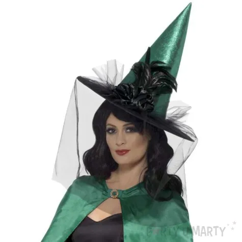kapelusz czarownica deluxe welon z piorem zielony smiffys