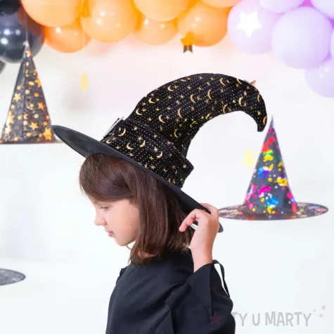 kapelusz czarownica pozlacana z zakrzywionym czubem partypal