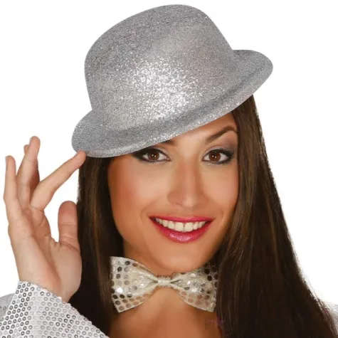 kapelusz melonik brokatowy srebrny guirca