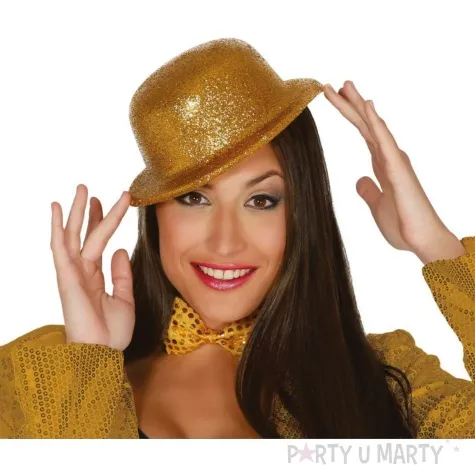 kapelusz melonik brokatowy zloty guirca