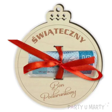 karnet swiateczny bon podarunkowy bombka drewniana 80x95 mm