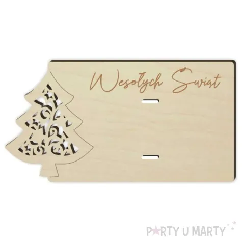 karnet wesolych swiat z choinka drewniana 125x65 mm