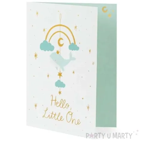 kartka okolicznosciowa baby shower boy hello little one niebieska partydeco 14x20 cm