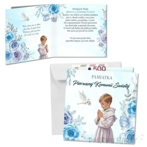 kartka okolicznosciowa chlopiec w albie prezent pamiatka na komunie swieta 15x15 cm