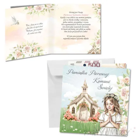 kartka okolicznosciowa dziewczynka i kosciol prezent pamiatka na komunie swieta 15x15 cm