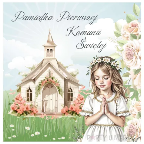 kartka okolicznosciowa dziewczynka i kosciol prezent pamiatka na komunie swieta 15x15 cm