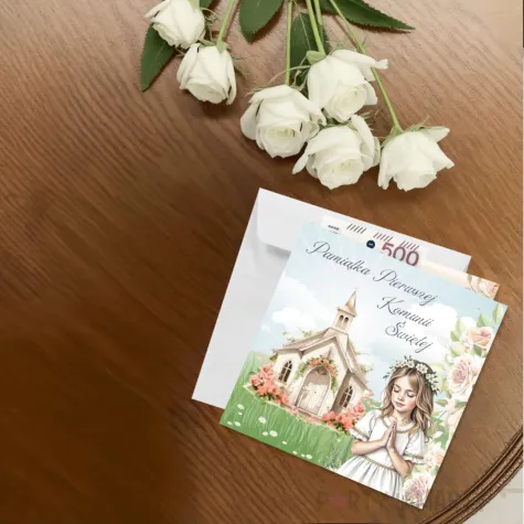 kartka okolicznosciowa dziewczynka i kosciol prezent pamiatka na komunie swieta 15x15 cm