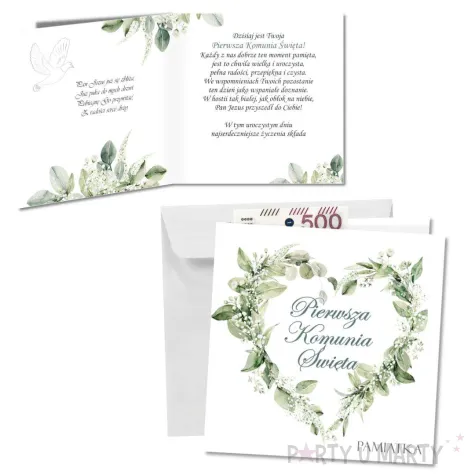 kartka okolicznosciowa eukaliptusowe serce prezent pamiatka na komunie swieta 15x15 cm