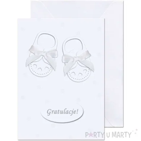 kartka okolicznosciowa garatulacje biale buciki paw 12 5 x 17 6 cm