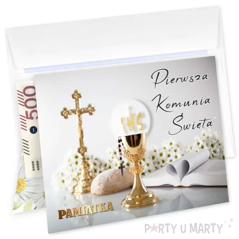 kartka okolicznosciowa kielich z biblia prezent pamiatka na komunie swieta 15x15 cm