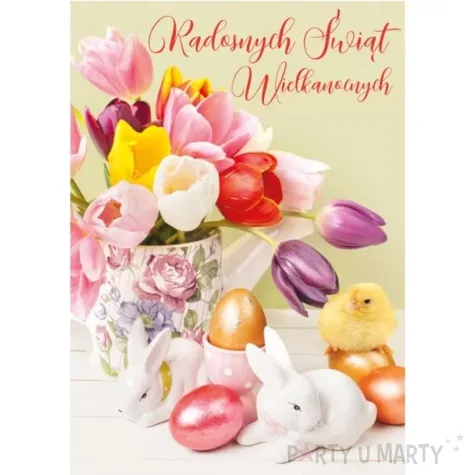 kartka okolicznosciowa laurka wielkanocna wazon z kwiatami i pisklak swiecka maki 11 7 x 16 7