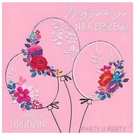kartka okolicznosciowa urodziny kwiaty i balony rozowy henry 15 x 15 cm