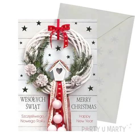 kartka okolicznosciowa z oplatkiem wesolych swiat bialy wieniec z kokarda maki b6