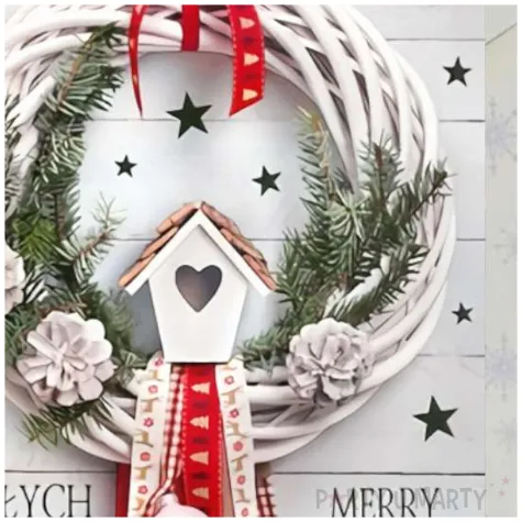 kartka okolicznosciowa z oplatkiem wesolych swiat bialy wieniec z kokarda maki b6