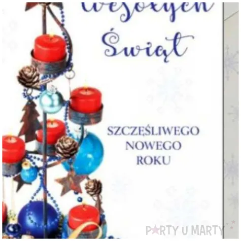 kartka okolicznosciowa z oplatkiem wesolych swiat choinka z bombek maki b6