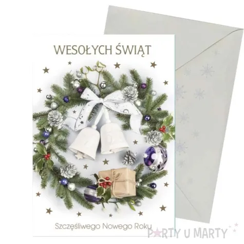 kartka okolicznosciowa z oplatkiem wesolych swiat stroik z dzwoneczkami maki b6