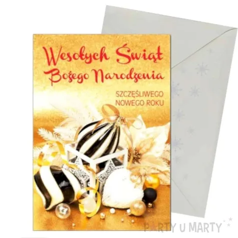 kartka okolicznosciowa z oplatkiem wesolych swiat zlote bombki w czarne pasy maki b6