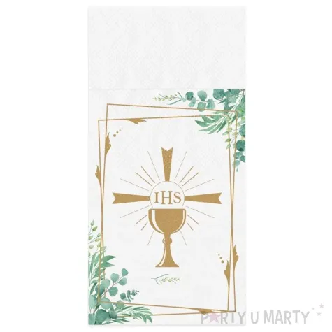 kieszonka na sztucce komunia swieta ihs eukaliptus bialo zloty partypal 20 x 10 cm 16 szt
