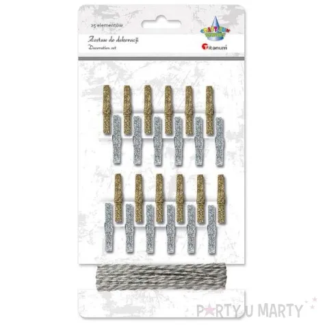 klamerki ozdobne drewniane 3 cm zloto srebrne sznurek titanum 24 szt