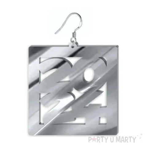 kolczyki nowy rok 2024 cyfry w prostokacie srebrny lustrzany 55 x 58 mm