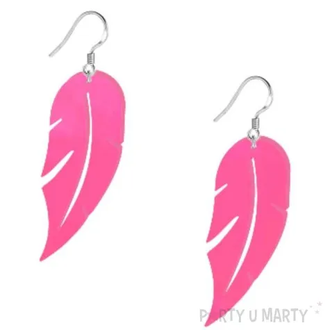kolczyki piorka neonowe rozowe 25x55 mm