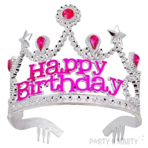 korona party diadem z klejnotami happy birthday srebrno rozowy widmann