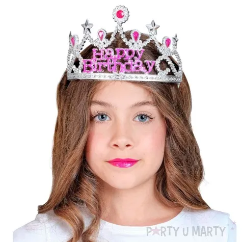 korona party diadem z klejnotami happy birthday srebrno rozowy widmann