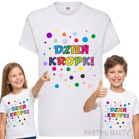 koszulka dziecieca z nadrukiem dla chlopca dziewczynki dzien kropki biala do przedszkola 140
