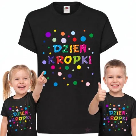 koszulka dziecieca z nadrukiem dla chlopca dziewczynki dzien kropki czarna do przedszkola 116