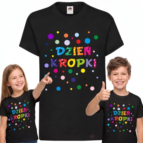 koszulka dziecieca z nadrukiem dla chlopca dziewczynki dzien kropki czarna do przedszkola 140