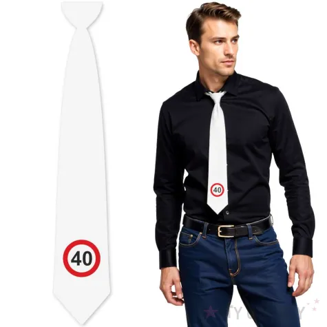 krawat na 40 urodziny dodatek do stroju traffic birthday bialy 43 cm