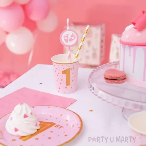 kubeczki papierowe 1 urodziny zlote gwiazdki rozowy jasny partypal 220 ml 6 szt