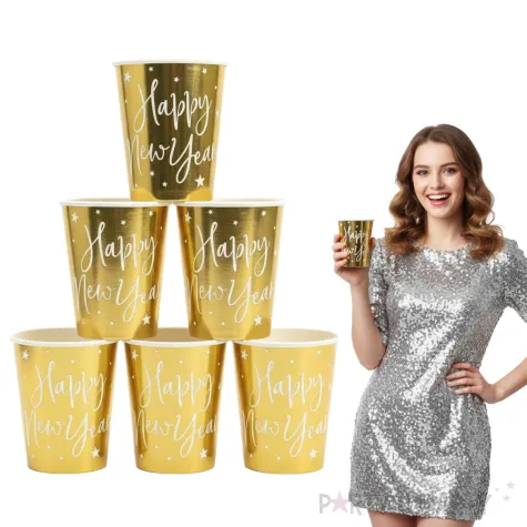 kubeczki papierowe happy new year zlote partydeco 220 ml 6 szt