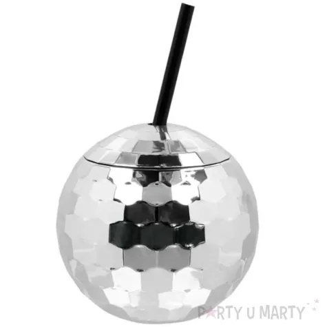 kubek plastikowy ze slomka kula disco srebrny boland 600 ml