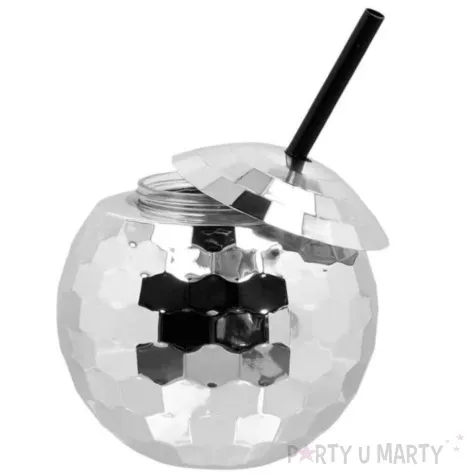 kubek plastikowy ze slomka kula disco srebrny boland 600 ml