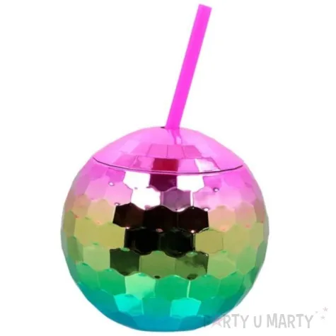 kubek plastikowy ze slomka kula disco teczowy boland 600 ml