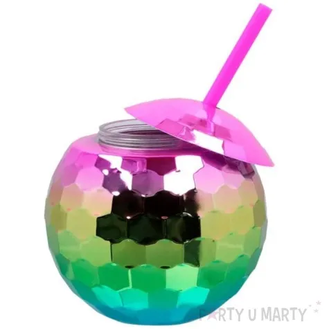 kubek plastikowy ze slomka kula disco teczowy boland 600 ml