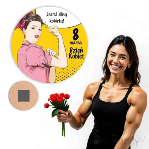 magnes 8 marca silna kobieta retro prezent na dzien kobiet zolty 9 cm