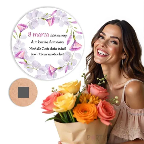 magnes 8 marca zyczenia i kwiaty prezent na dzien kobiet bialy 9 cm