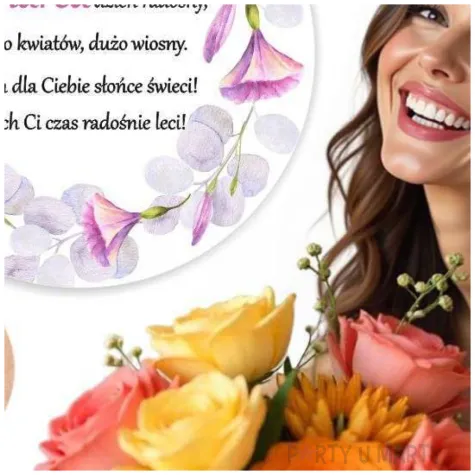 magnes 8 marca zyczenia i kwiaty prezent na dzien kobiet bialy 9 cm