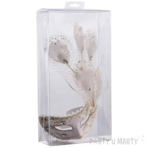 maska karnawalowa wenecka brokatowe kwiaty i piora bialy carnivaltoys