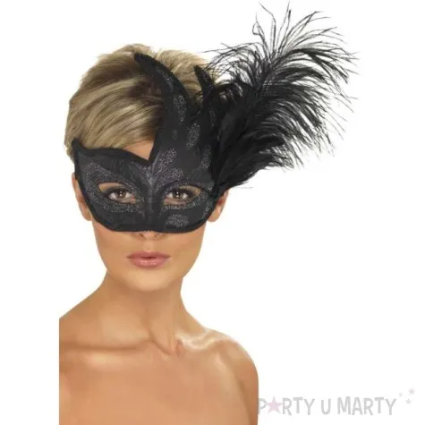 maska karnawalowa wenecka z duzym piorem czarna smiffys