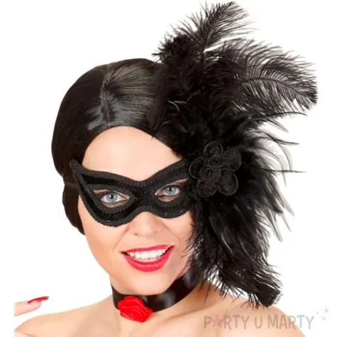 maska karnawalowa wenecka z piorami i roza czarny widmann
